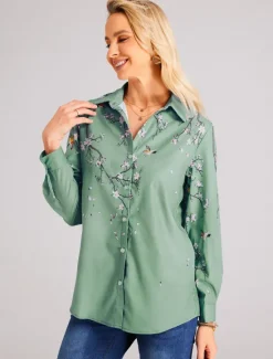 Clearance Women's Shirt Button Down Tunic Shirt Collar Long Sleeve Floral Print Green Purple Blue Casual Holiday Elegant Fashion Spring Summer Women Blouses & Shirts