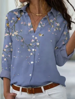 Clearance Women's Shirt Button Down Tunic Shirt Collar Long Sleeve Floral Print Green Purple Blue Casual Holiday Elegant Fashion Spring Summer Women Blouses & Shirts