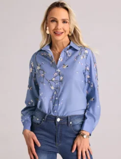 Clearance Women's Shirt Button Down Tunic Shirt Collar Long Sleeve Floral Print Green Purple Blue Casual Holiday Elegant Fashion Spring Summer Women Blouses & Shirts