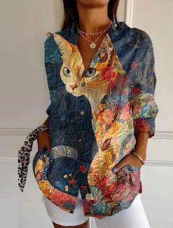 Sale Women's Shirt Button Down Tunic Shirt Collar Long Sleeve Graphic Animal Daily Stylish Casual Regular Tops Daily Holiday s Print Pink Blue Green Khaki Spring Fall Women Blouses & Shirts
