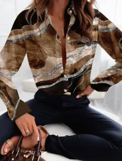 Women's Shirt Button Down Tunic Shirt Collar Long Sleeve Fashion Abstract s Print Regular Tops Casual Pink Blue Brown Green Gray Spring & Fall Women Blouses & Shirts