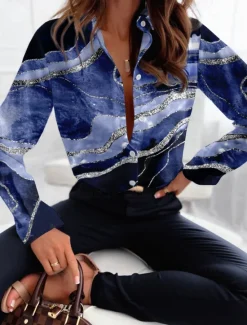 Women's Shirt Button Down Tunic Shirt Collar Long Sleeve Fashion Abstract s Print Regular Tops Casual Pink Blue Brown Green Gray Spring & Fall Women Blouses & Shirts