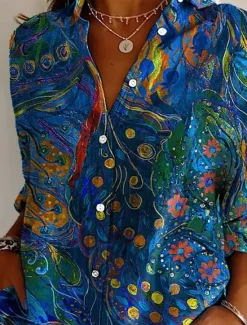 Online Women's Shirt Button Down Tunic Shirt Collar Long Sleeve Floral Casual Regular Tops Work Daily s Print White Yellow Pink Red Blue Spring Fall Winter Women Blouses & Shirts