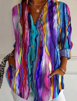 Sale Women's Shirt Button Down Tunic Shirt Collar Long Sleeve Graphic Geometric Casual Regular Tops Work Daily s Print Blue Purple Fuchsia Green Spring Fall Winter Women Boho Tops