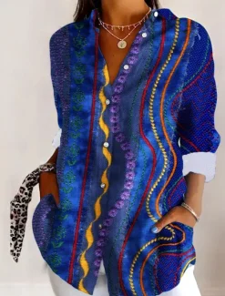 Sale Women's Shirt Button Down Tunic Shirt Collar Long Sleeve Graphic Geometric Casual Regular Tops Work Daily s Print Blue Purple Fuchsia Green Spring Fall Winter Women Boho Tops