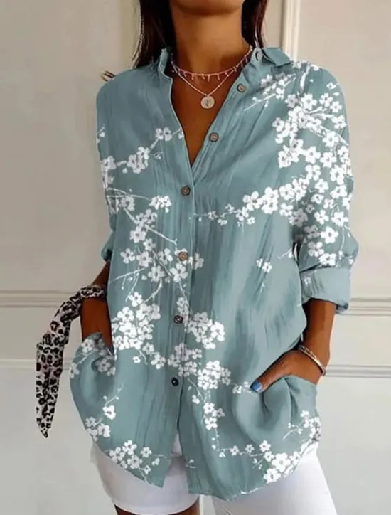 New Women's Shirt Button Down Tunic Shirt Collar Long Sleeve Floral Graphic Daily Stylish Casual Regular Tops Work Daily s Print White Blue Green Spring Women Blouses & Shirts