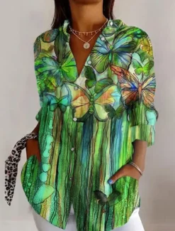 New Women's Shirt Button Down Tunic Shirt Collar Long Sleeve Floral Graphic Daily Stylish Casual Regular Tops Work Daily s Print White Blue Green Spring Women Blouses & Shirts