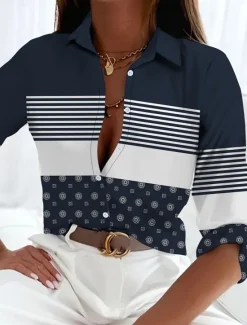 Online Women's Shirt Button Down Tunic Shirt Collar Long Sleeve Geometric Striped Casual Regular Tops Work Daily s Print Spring Fall Winter Women Blouses & Shirts
