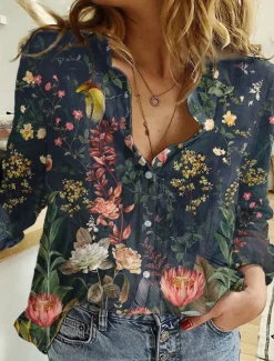 Women's Shirt Button Down Tunic Shirt Collar Long Sleeve Hawaiian Graphic Floral Print Daily Weekend Tropical Vintage Regular Floral Holiday Clothes Black Pink Women Spring Tops