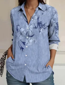 Best Women's Shirt Button Down Tunic Shirt Collar Long Sleeve Floral Elegant Vintage Daily Regular Tops Work Daily Linen Like s Print Spring Women Spring Tops