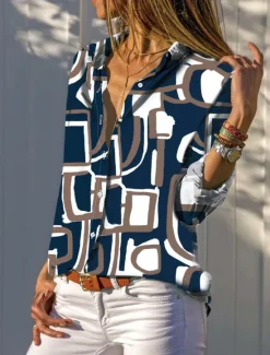 Best Women's Shirt Button Down Tunic Shirt Collar Long Sleeve Geometric Casual Regular Tops Work Daily s Print Spring Fall Winter Women Spring Tops