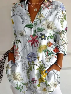 Sale Women's Shirt Button Down Tunic Shirt Collar Long Sleeve Floral Graphic Vintage Tropical Hawaiian Sleeveless Regular Tops Work Daily Holiday s Print White Red Spring Fall Winter Women Blouses & Shirts