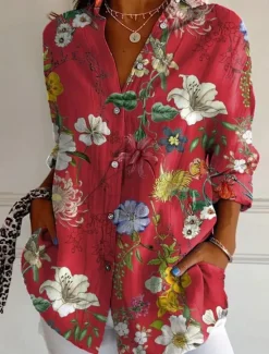 Sale Women's Shirt Button Down Tunic Shirt Collar Long Sleeve Floral Graphic Vintage Tropical Hawaiian Sleeveless Regular Tops Work Daily Holiday s Print White Red Spring Fall Winter Women Blouses & Shirts