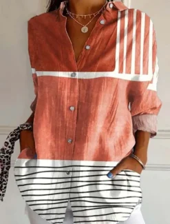 Outlet Women's Shirt Button Down Tunic Shirt Collar Long Sleeve Graphic Geometric Vintage Tropical Stylish Regular Tops Work Daily s Print Yellow Orange Khaki Spring Fall Winter Women Blouses & Shirts