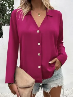 Outlet Women's Shirt Button Down Blouse Solid Color Stylish Casual Long Sleeve V Neck Regular Tops Daily Buttons Black White Blue Fuchsia Summer Spring Women Blouses & Shirts
