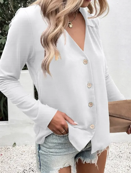 Outlet Women's Shirt Button Down Blouse Solid Color Stylish Casual Long Sleeve V Neck Regular Tops Daily Buttons Black White Blue Fuchsia Summer Spring Women Blouses & Shirts