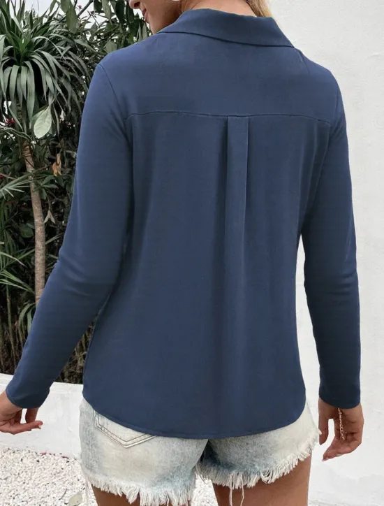 Outlet Women's Shirt Button Down Blouse Solid Color Stylish Casual Long Sleeve V Neck Regular Tops Daily Buttons Black White Blue Fuchsia Summer Spring Women Blouses & Shirts