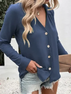 Outlet Women's Shirt Button Down Blouse Solid Color Stylish Casual Long Sleeve V Neck Regular Tops Daily Buttons Black White Blue Fuchsia Summer Spring Women Blouses & Shirts