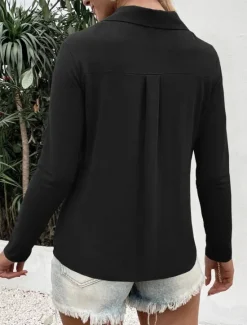 Outlet Women's Shirt Button Down Blouse Solid Color Stylish Casual Long Sleeve V Neck Regular Tops Daily Buttons Black White Blue Fuchsia Summer Spring Women Blouses & Shirts