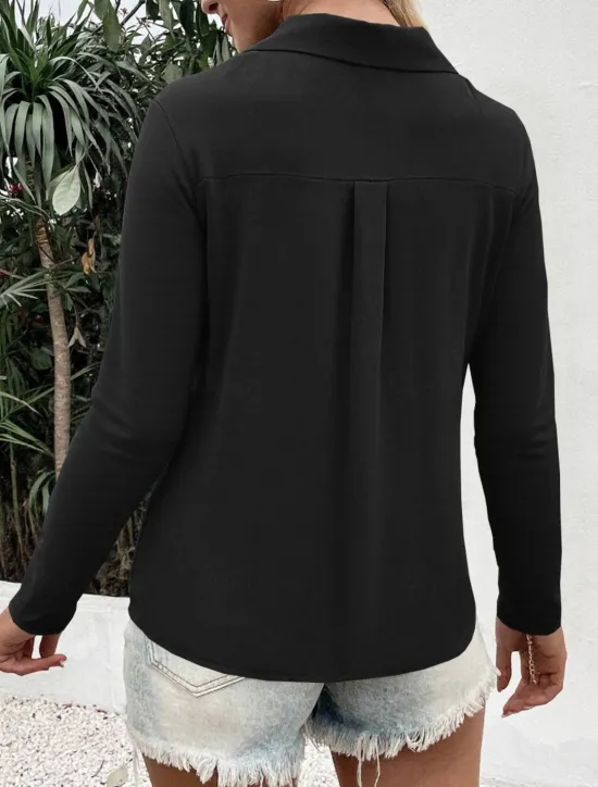 Outlet Women's Shirt Button Down Blouse Solid Color Stylish Casual Long Sleeve V Neck Regular Tops Daily Buttons Black White Blue Fuchsia Summer Spring Women Blouses & Shirts