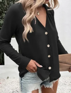 Outlet Women's Shirt Button Down Blouse Solid Color Stylish Casual Long Sleeve V Neck Regular Tops Daily Buttons Black White Blue Fuchsia Summer Spring Women Blouses & Shirts