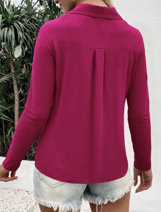 Outlet Women's Shirt Button Down Blouse Solid Color Stylish Casual Long Sleeve V Neck Regular Tops Daily Buttons Black White Blue Fuchsia Summer Spring Women Blouses & Shirts
