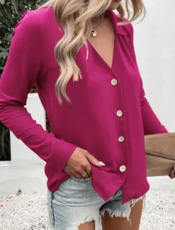 Outlet Women's Shirt Button Down Blouse Solid Color Stylish Casual Long Sleeve V Neck Regular Tops Daily Buttons Black White Blue Fuchsia Summer Spring Women Blouses & Shirts