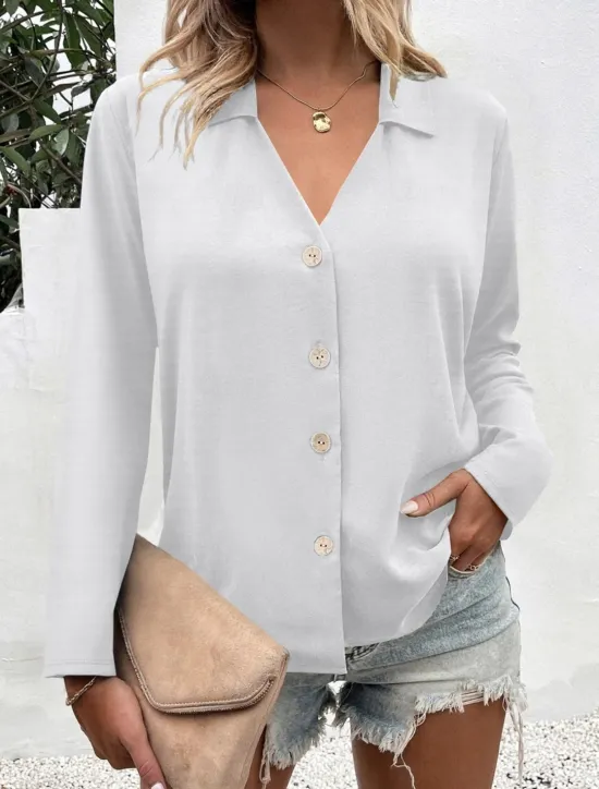 Outlet Women's Shirt Button Down Blouse Solid Color Stylish Casual Long Sleeve V Neck Regular Tops Daily Buttons Black White Blue Fuchsia Summer Spring Women Blouses & Shirts