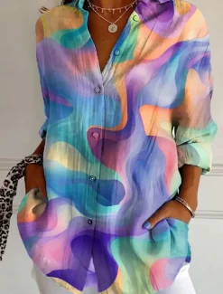 Clearance Women's Shirt Button Down Tunic Shirt Collar Long Sleeve Graphic Striped Vintage Tropical Daily Regular Tops Work Daily s Print Pink Red Purple Green Spring Women Blouses & Shirts