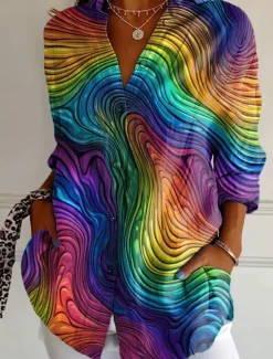 Clearance Women's Shirt Button Down Tunic Shirt Collar Long Sleeve Graphic Striped Vintage Tropical Daily Regular Tops Work Daily s Print Pink Red Purple Green Spring Women Blouses & Shirts