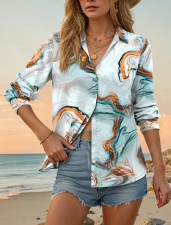Hot Women's Shirt Button Down Tunic Shirt Collar Long Sleeve Tie Dye Abstract Casual Regular Tops Work Daily s Print Spring Fall Winter Women Spring Tops