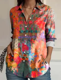 Hot Women's Shirt Button Down Tunic Shirt Collar Long Sleeve Floral Casual Regular Tops Work Daily s Print Pink Red Blue Orange Rainbow Spring Fall Women Spring Tops