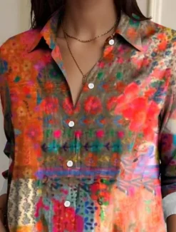 Hot Women's Shirt Button Down Tunic Shirt Collar Long Sleeve Floral Casual Regular Tops Work Daily s Print Pink Red Blue Orange Rainbow Spring Fall Women Spring Tops