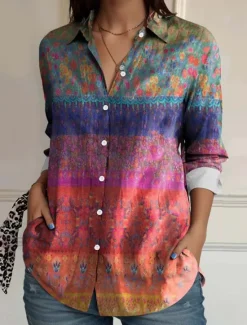 Hot Women's Shirt Button Down Tunic Shirt Collar Long Sleeve Floral Casual Regular Tops Work Daily s Print Pink Red Blue Orange Rainbow Spring Fall Women Spring Tops