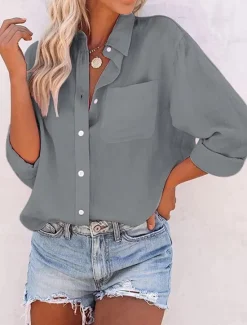 Women's Shirt Button Down Blouse Plain Stylish Casual Long Sleeve Shirt Button Down Blouse Collar Regular Tops Daily Buttons Black White Pink Gray Summer Spring Women Blouses & Shirts