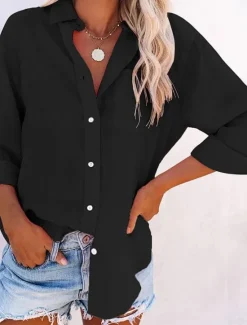 Women's Shirt Button Down Blouse Plain Stylish Casual Long Sleeve Shirt Button Down Blouse Collar Regular Tops Daily Buttons Black White Pink Gray Summer Spring Women Blouses & Shirts