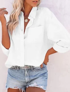 Women's Shirt Button Down Blouse Plain Stylish Casual Long Sleeve Shirt Button Down Blouse Collar Regular Tops Daily Buttons Black White Pink Gray Summer Spring Women Blouses & Shirts