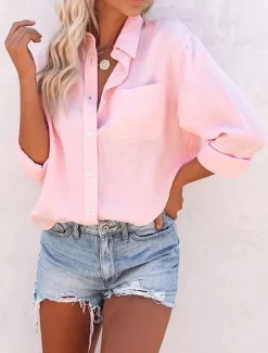 Women's Shirt Button Down Blouse Plain Stylish Casual Long Sleeve Shirt Button Down Blouse Collar Regular Tops Daily Buttons Black White Pink Gray Summer Spring Women Blouses & Shirts