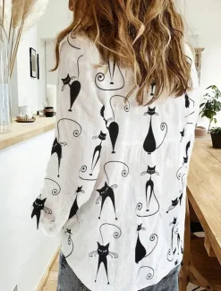 Sale Women's Shirt Button Down Tunic Shirt Collar Long Sleeve Cat Casual Regular Tops Daily s Print Spring Fall Women Blouses & Shirts