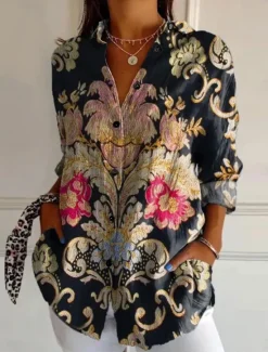 New Women's Shirt Button Down Tunic Shirt Collar Long Sleeve Floral Graphic Geometric Casual Regular Tops Work Daily s Print Black Pink Orange Green Spring Fall Winter Women Boho Tops