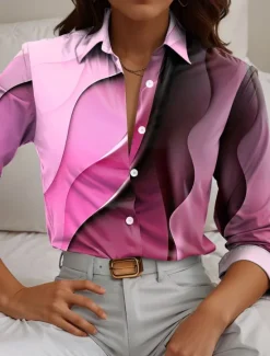Online Women's Shirt Button Down Tunic Shirt Collar Long Sleeve Color Gradient Casual Regular Tops Work Daily s Print Pink Blue Purple Spring Fall Winter Women Blouses & Shirts