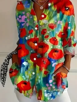 Discount Women's Shirt Button Down Tunic Shirt Collar Long Sleeve Floral Graphic Vintage Tropical Stylish Regular Tops Work Daily s Print Spring Fall Winter Women Blouses & Shirts