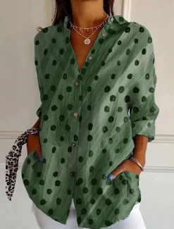 Sale Women's Shirt Button Down Tunic Shirt Collar Long Sleeve Graphic Geometric Polka Dot Vintage Daily Stylish Regular Tops Work Daily s Print Blue Orange Brown Green Khaki Spring Women Blouses & Shirts