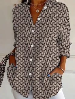 Sale Women's Shirt Button Down Tunic Shirt Collar Long Sleeve Graphic Geometric Polka Dot Vintage Daily Stylish Regular Tops Work Daily s Print Blue Orange Brown Green Khaki Spring Women Blouses & Shirts