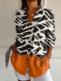 Sale Women's Shirt Button Down Tunic Shirt Collar Long Sleeve Graphic Geometric Polka Dot Vintage Daily Stylish Regular Tops Work Daily s Print Blue Orange Brown Green Khaki Spring Women Blouses & Shirts