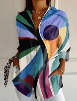 Sale Women's Shirt Button Down Tunic Shirt Collar Long Sleeve Graphic Geometric Polka Dot Vintage Daily Stylish Regular Tops Work Daily s Print Blue Orange Brown Green Khaki Spring Women Blouses & Shirts