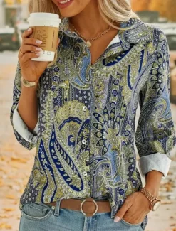 New Women's Shirt Button Down Tunic Shirt Collar Long Sleeve Graphic Casual Regular Tops Work Daily s Print Spring Fall Winter Women Boho Tops