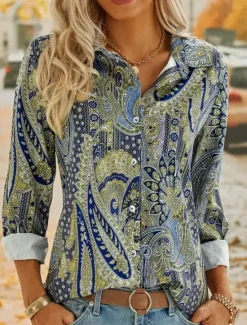 New Women's Shirt Button Down Tunic Shirt Collar Long Sleeve Graphic Casual Regular Tops Work Daily s Print Spring Fall Winter Women Boho Tops