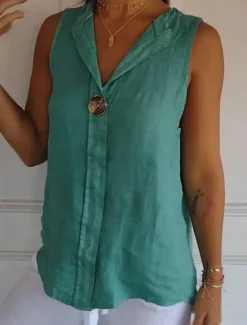 Discount Women's Shirt Button Up Cotton Linen Shirt Blouse Solid Color Elegant Daily Stylish Sleeveless V Neck Regular Tops Daily Holiday Going out Patchwork White Navy Blue Green Khaki Summer Spring Women Shirts