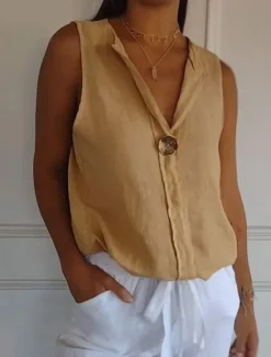 Discount Women's Shirt Button Up Cotton Linen Shirt Blouse Solid Color Elegant Daily Stylish Sleeveless V Neck Regular Tops Daily Holiday Going out Patchwork White Navy Blue Green Khaki Summer Spring Women Shirts